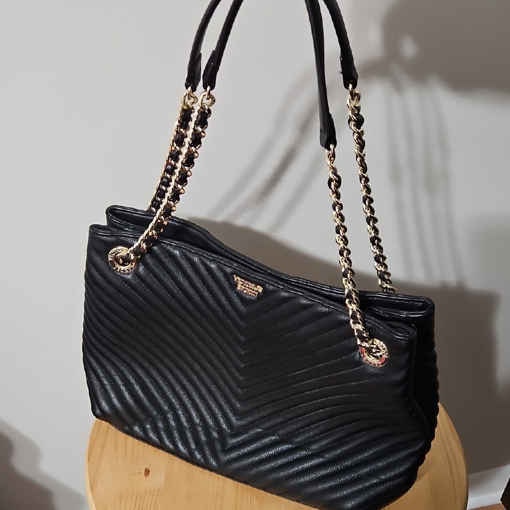 Victoria's Secret Black Quilted Shoulder Bag with Gold Chain